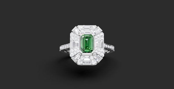 LUXURY EMERALD CUT GEOMETRIC HALO RING