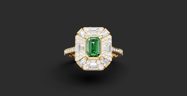 LUXURY EMERALD CUT GEOMETRIC HALO RING