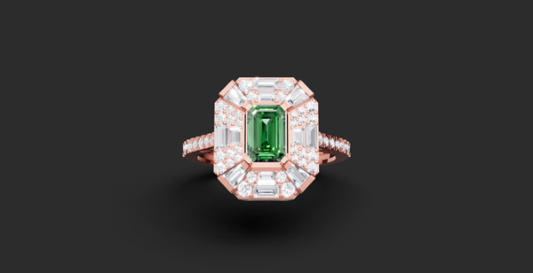 LUXURY EMERALD CUT GEOMETRIC HALO RING