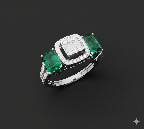 TRI STONE EMERALD CUT DIAMOND RING