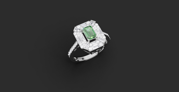 LUXURY EMERALD CUT GEOMETRIC HALO RING