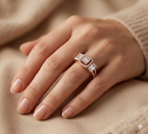 TRI STONE EMERALD CUT DIAMOND RING
