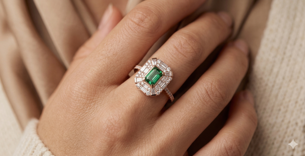 LUXURY EMERALD CUT GEOMETRIC HALO RING