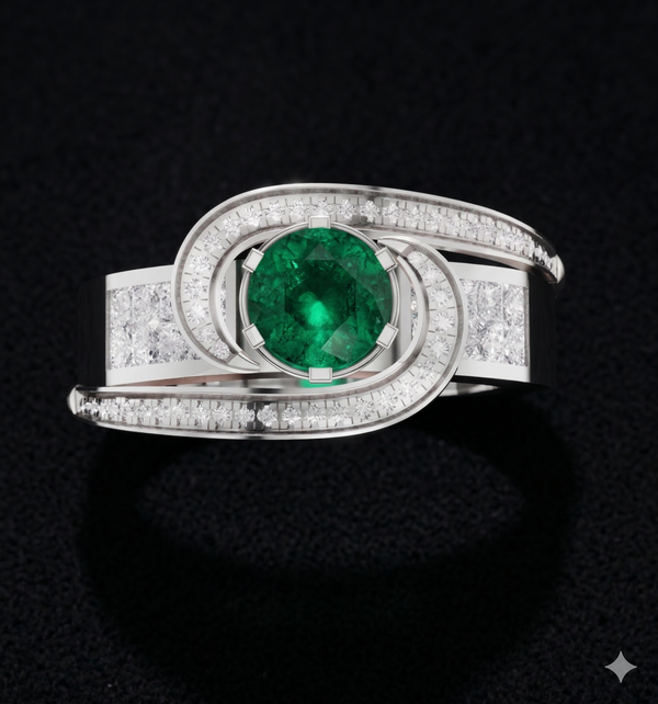 ELEGANT SWIRL EMERALD SOLITAIRE RING