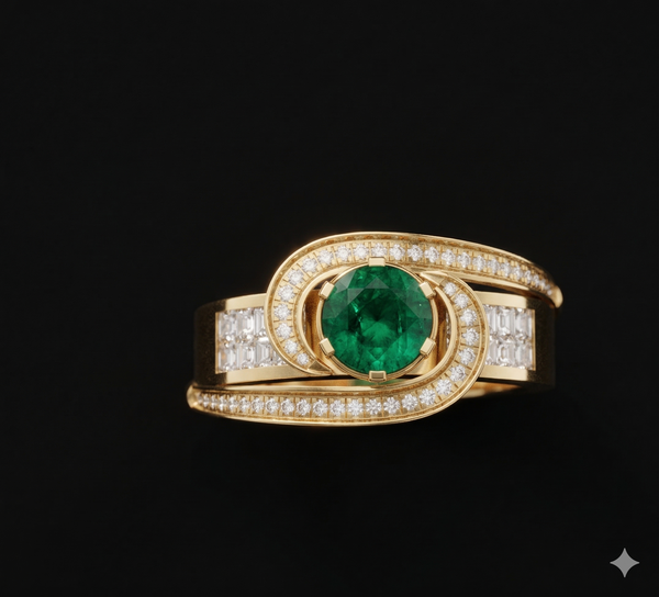 ELEGANT SWIRL EMERALD SOLITAIRE RING