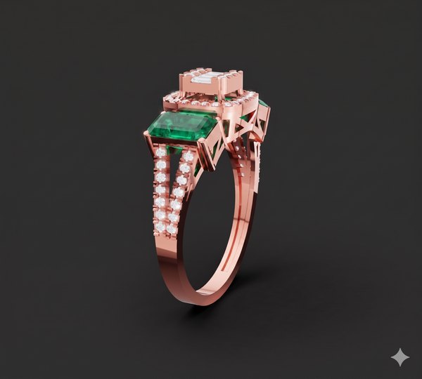 TRI STONE EMERALD CUT DIAMOND RING