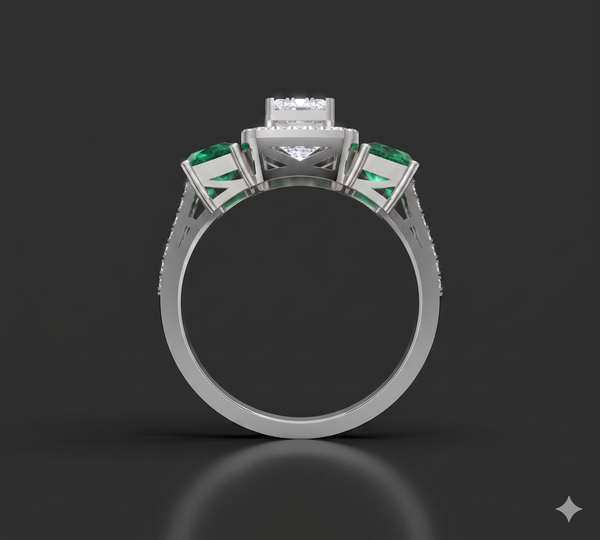 TRI STONE EMERALD CUT DIAMOND RING