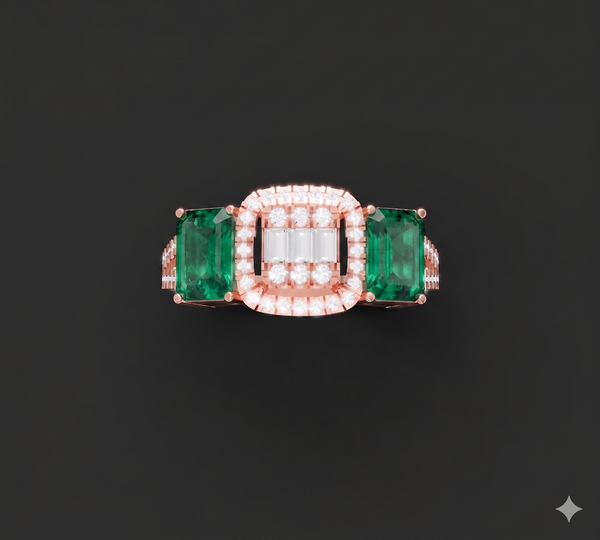 TRI STONE EMERALD CUT DIAMOND RING