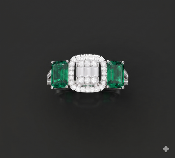 TRI STONE EMERALD CUT DIAMOND RING